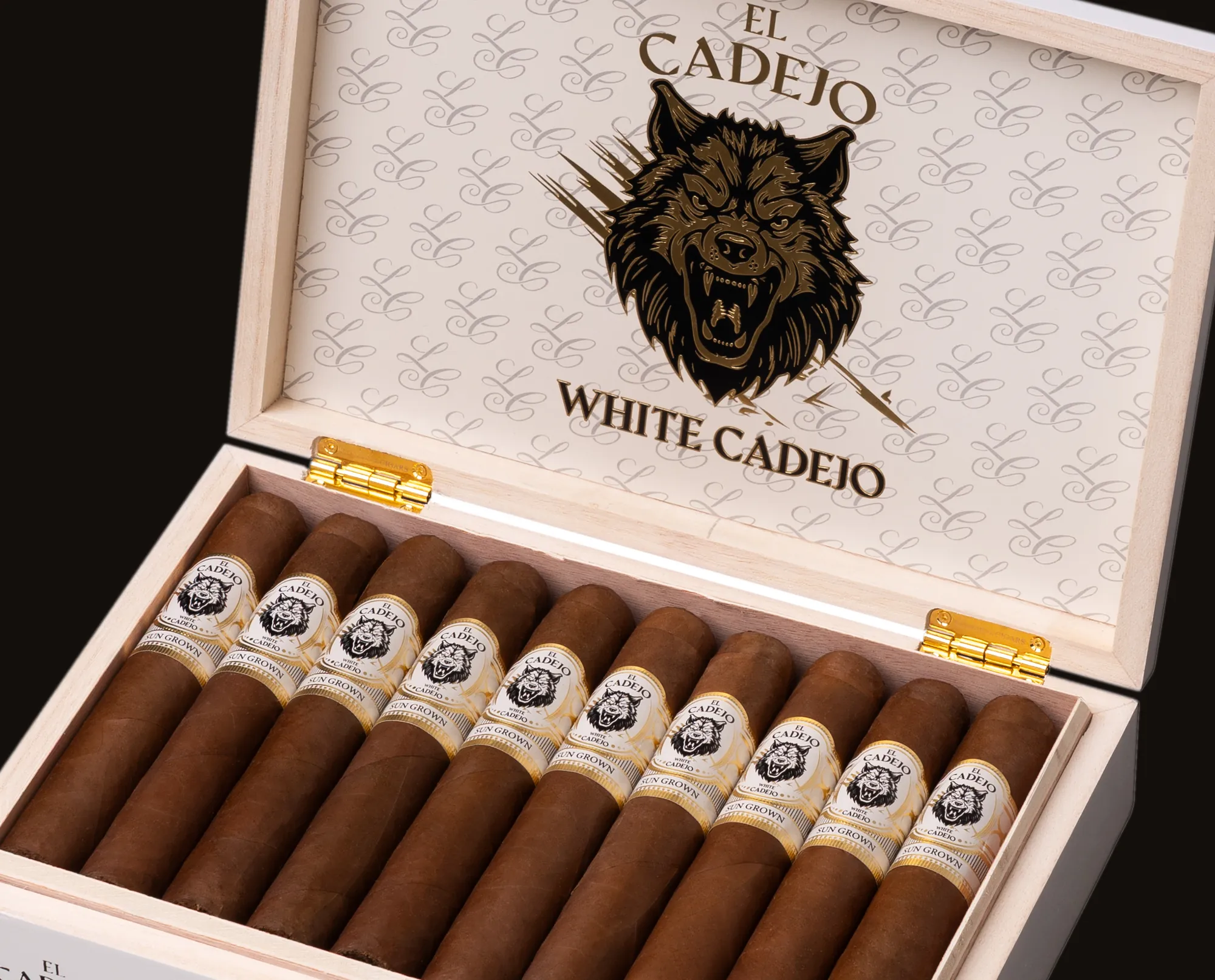Open box of White Cadejo with twenty banded cigars